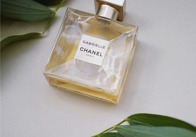 a bottle of the GABRIELLE CHANEL Paris perfum and parts of a nice looking green plant